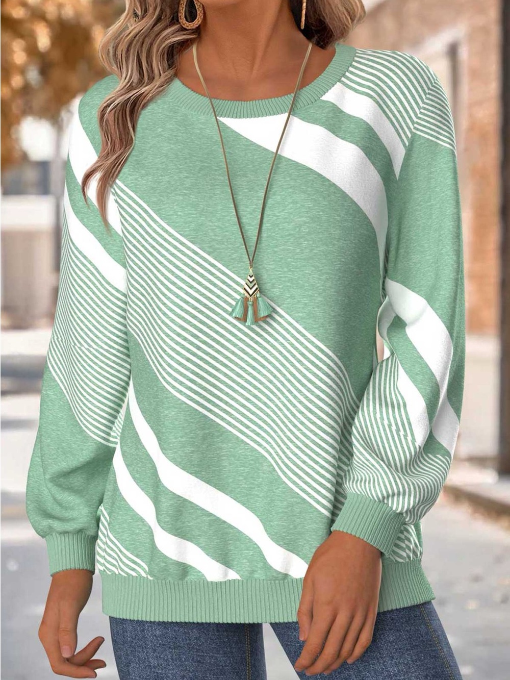 Seafoam Green Striped Lightweight Women's Sweatshirt XL